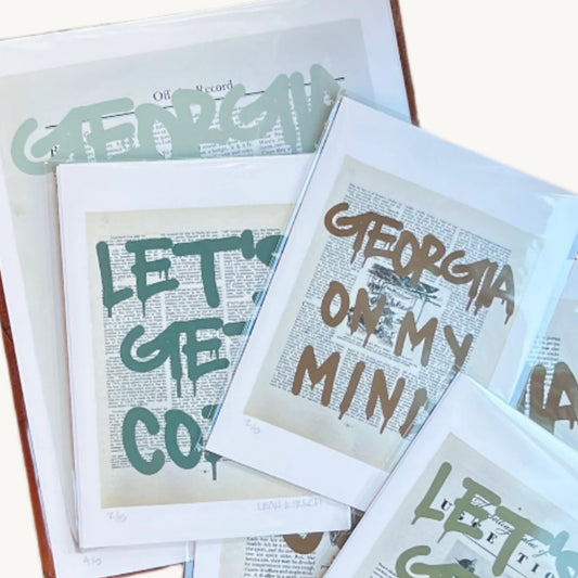 “Georgia On My Mind” print featuring spraypaint imagery and warm tones, with a modern-inspired, Southern charm aesthetic.