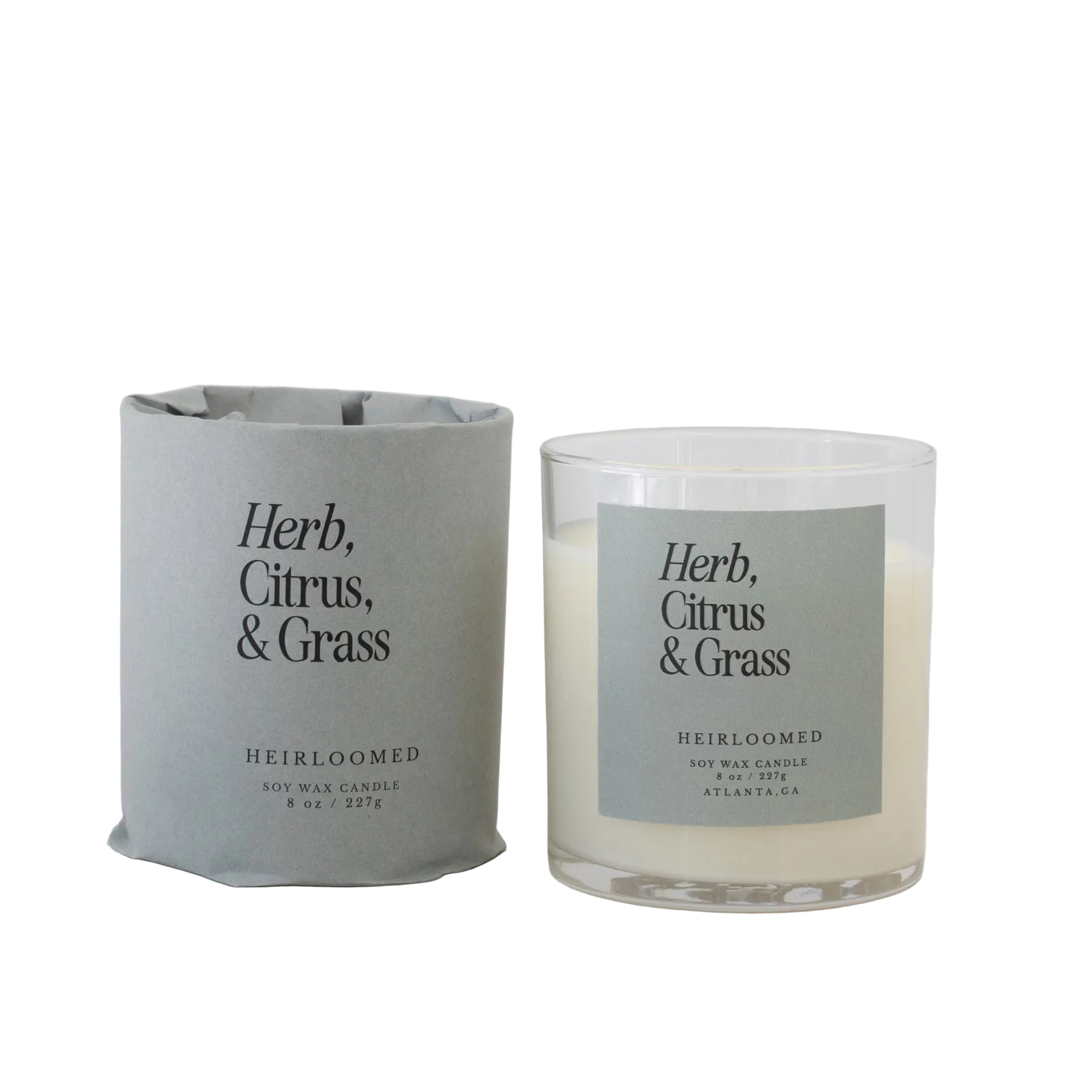 Herb, citrus, and grass scented candle by Heirloomed Candles with fresh, natural fragrance