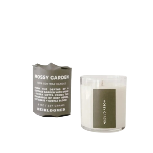 Scented candle evoking lush greenery and garden-inspired moss aroma