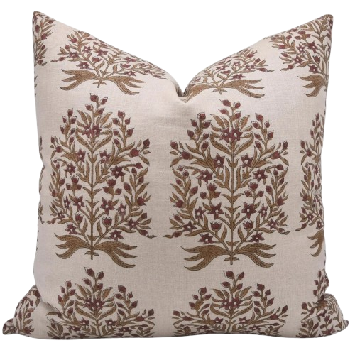 Natural Print Pure Linen Cushion Cover – Vrindavan 20x20 in soft neutral tones with subtle botanical motifs, perfect for adding artisanal, stylish accent to sofas or beds.