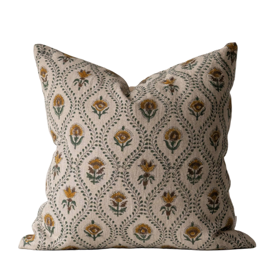 Noreen pillow cover India block print with yellow flowers