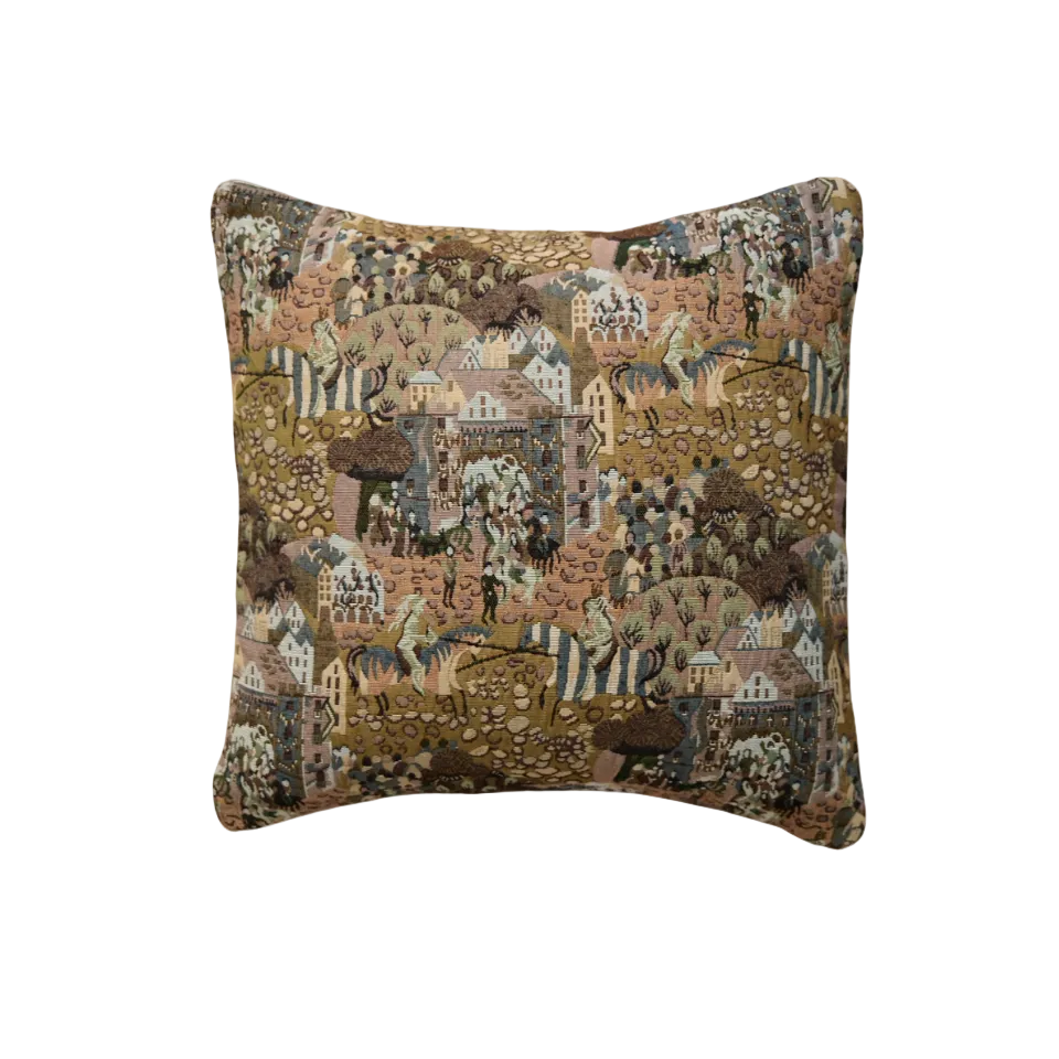 Olivia Tapestry Pillow 22x22 with intricate woven pattern in warm neutrals, perfect for adding textured, artisanal style to sofas or beds.