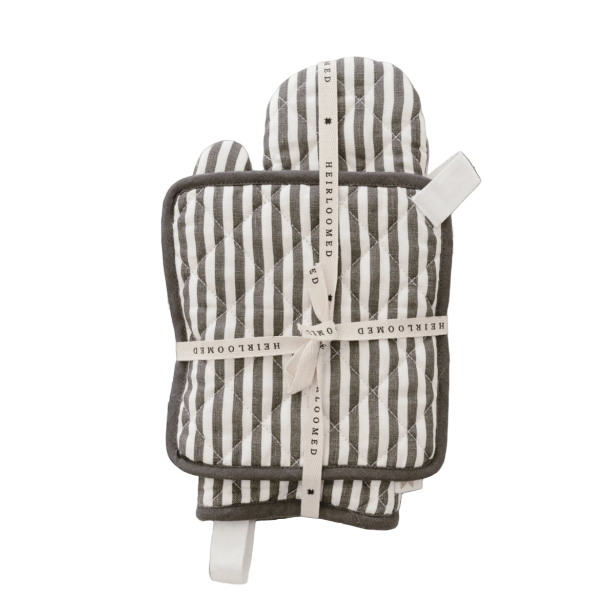 Striped pewter quilted oven mitt and pot holder set with handles for hanging purposes