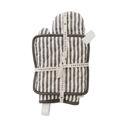 Striped pewter quilted oven mitt and pot holder set with handles for hanging purposes