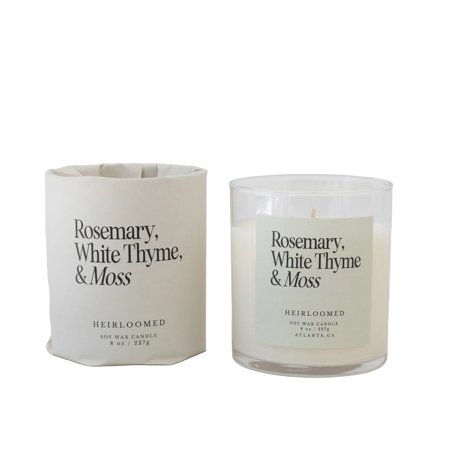Heirloomed candle featuring earthy moss, aromatic rosemary, and subtle white thyme notes