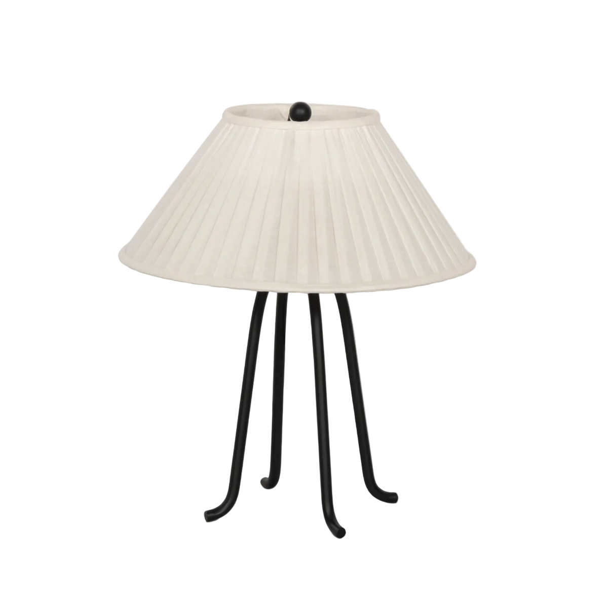 white pleated lamp shade with four iron legs