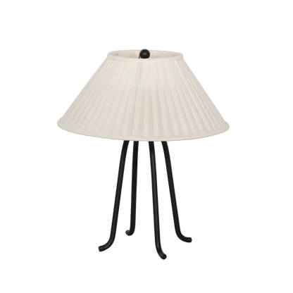 white pleated lamp shade with four iron legs