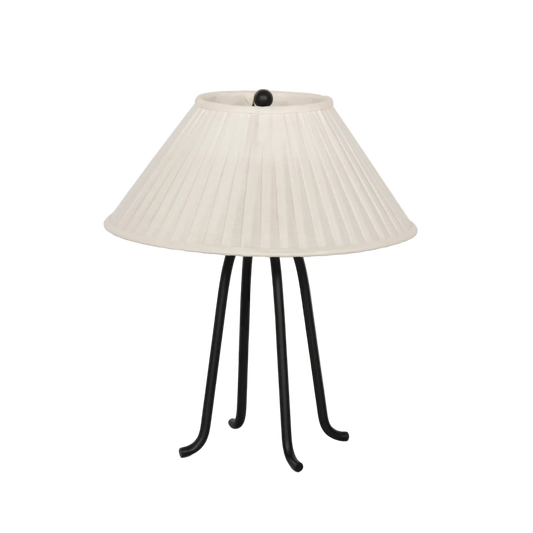 white pleated lamp shade with four iron legs