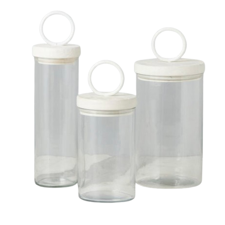 Glass Canister, White Ring Handle, Set of 3