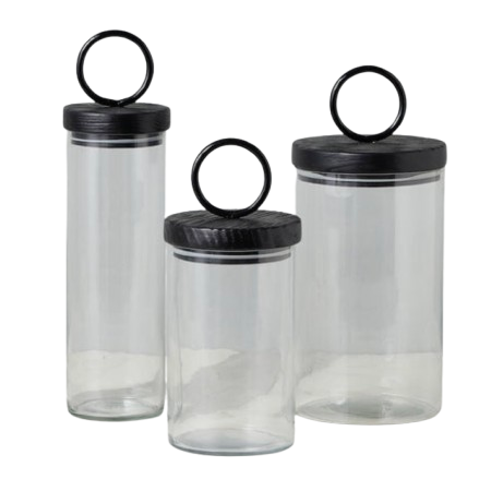 Glass Canister, Black Ring Handle, Set of 3