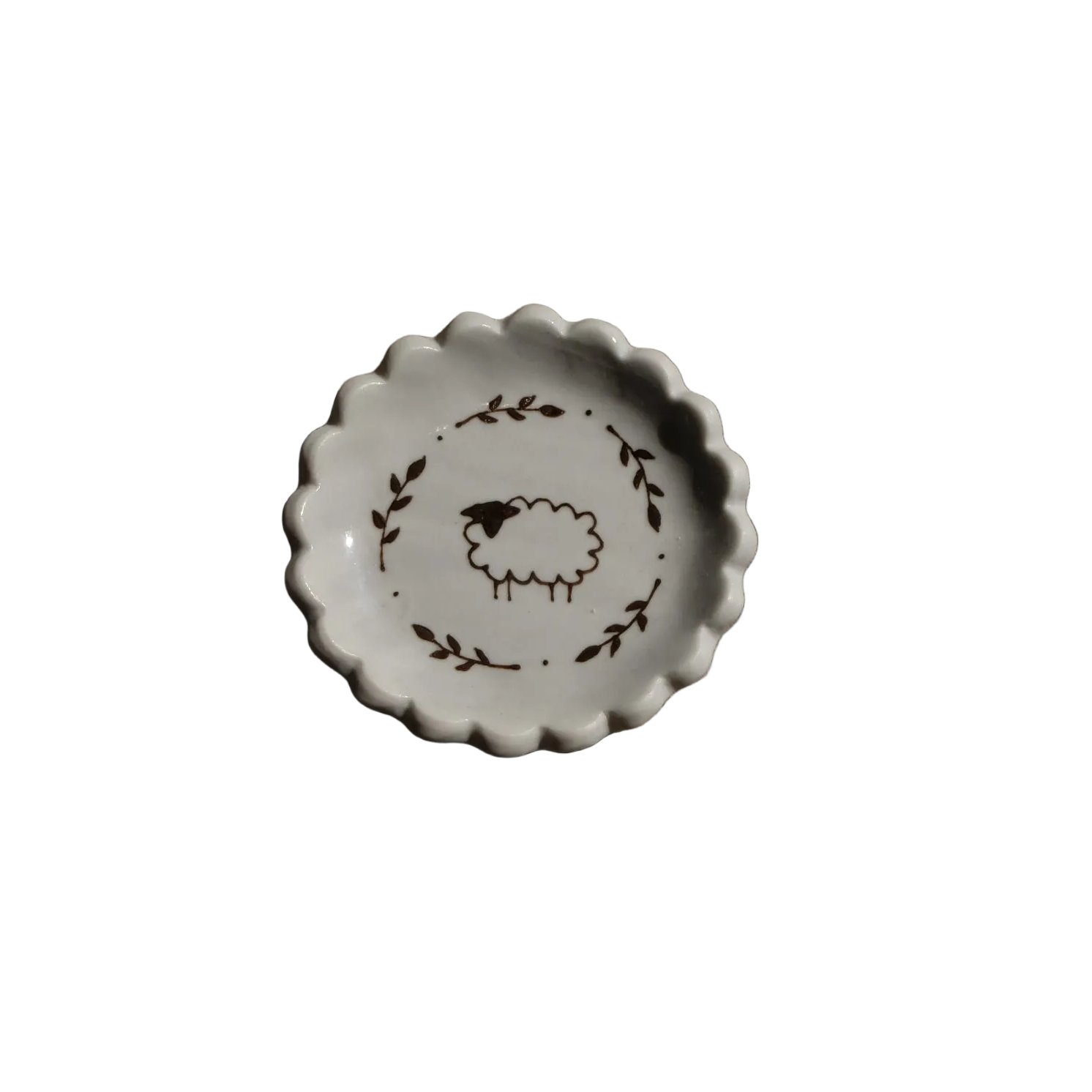 Stephanie Dawn Matthias ceramic salt dish with artisan sheep design and scallops