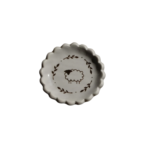 Stephanie Dawn Matthias ceramic salt dish with artisan sheep design and scallops
