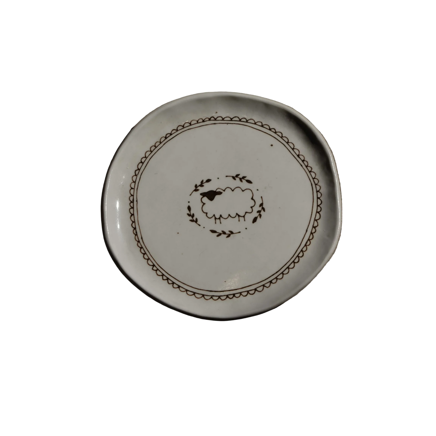 Stephanie Dawn Matthias ceramic plate with delicate sheep and edging design 