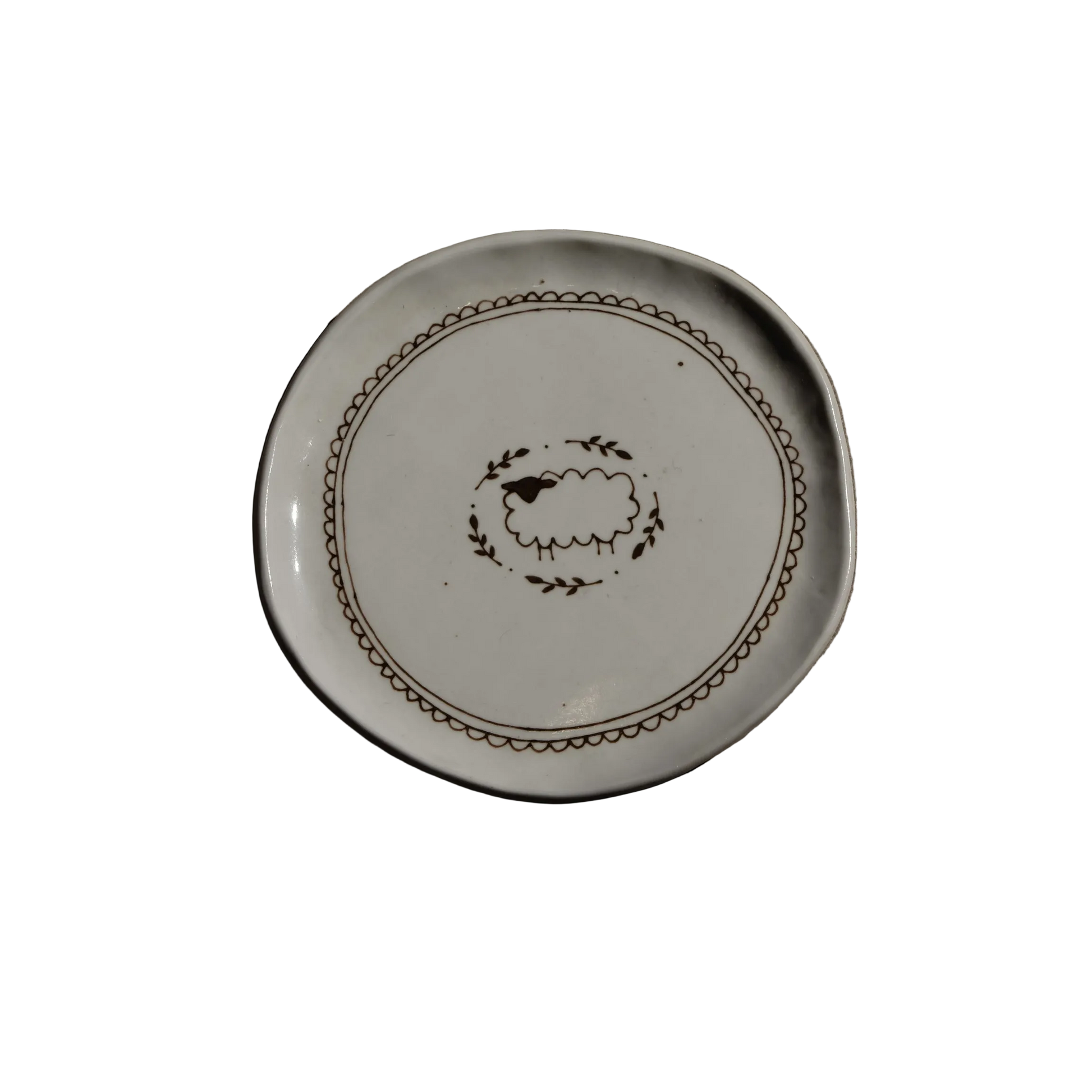 Stephanie Dawn Matthias ceramic plate with delicate sheep and edging design 