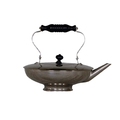 Vintage-style antique one-of-a-kind metal teapot with a black handle 