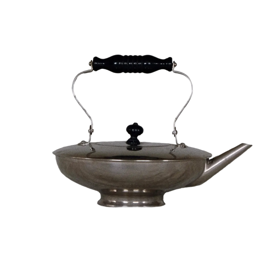 Vintage-style antique one-of-a-kind metal teapot with a black handle 