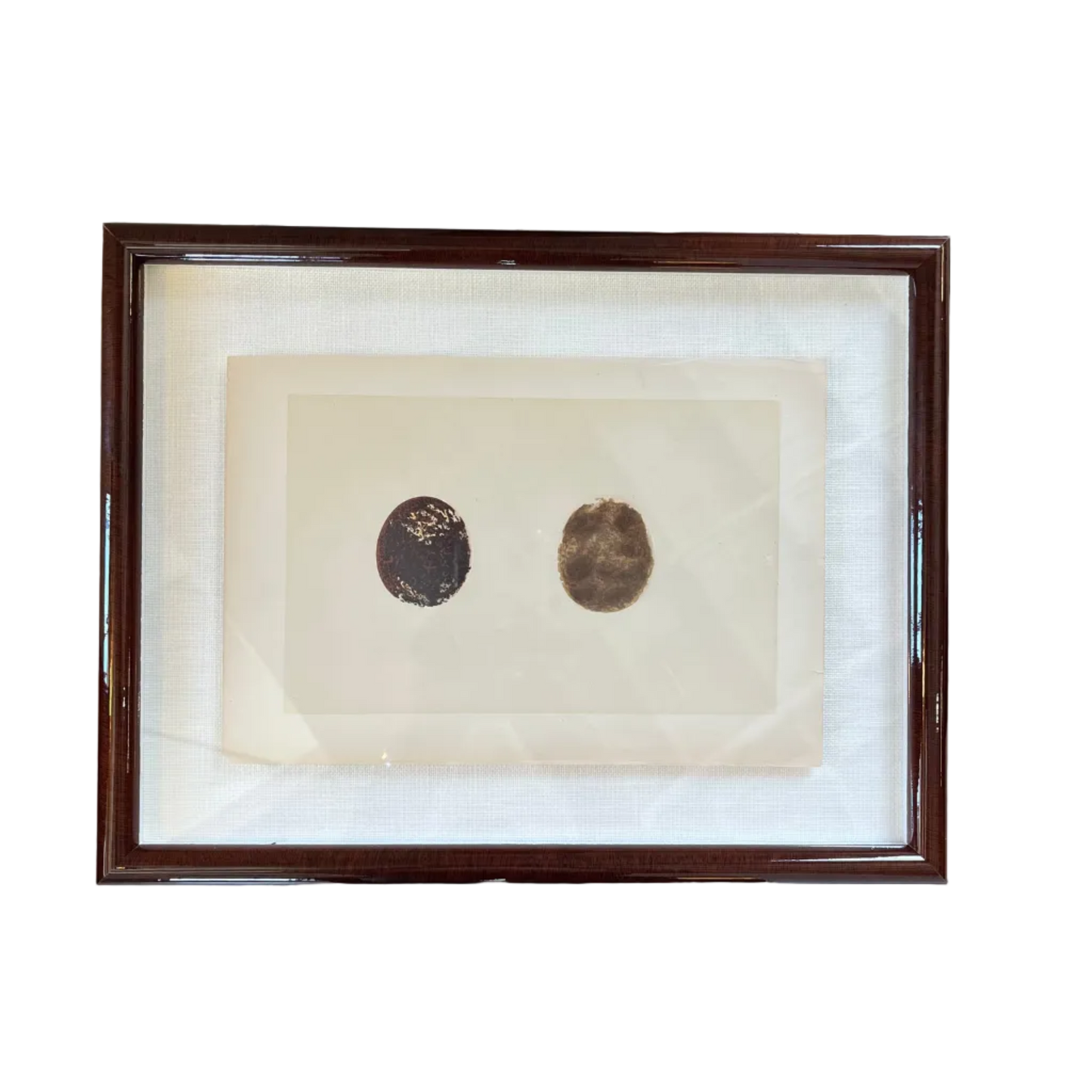Framed artwork with two circular objects on a white background