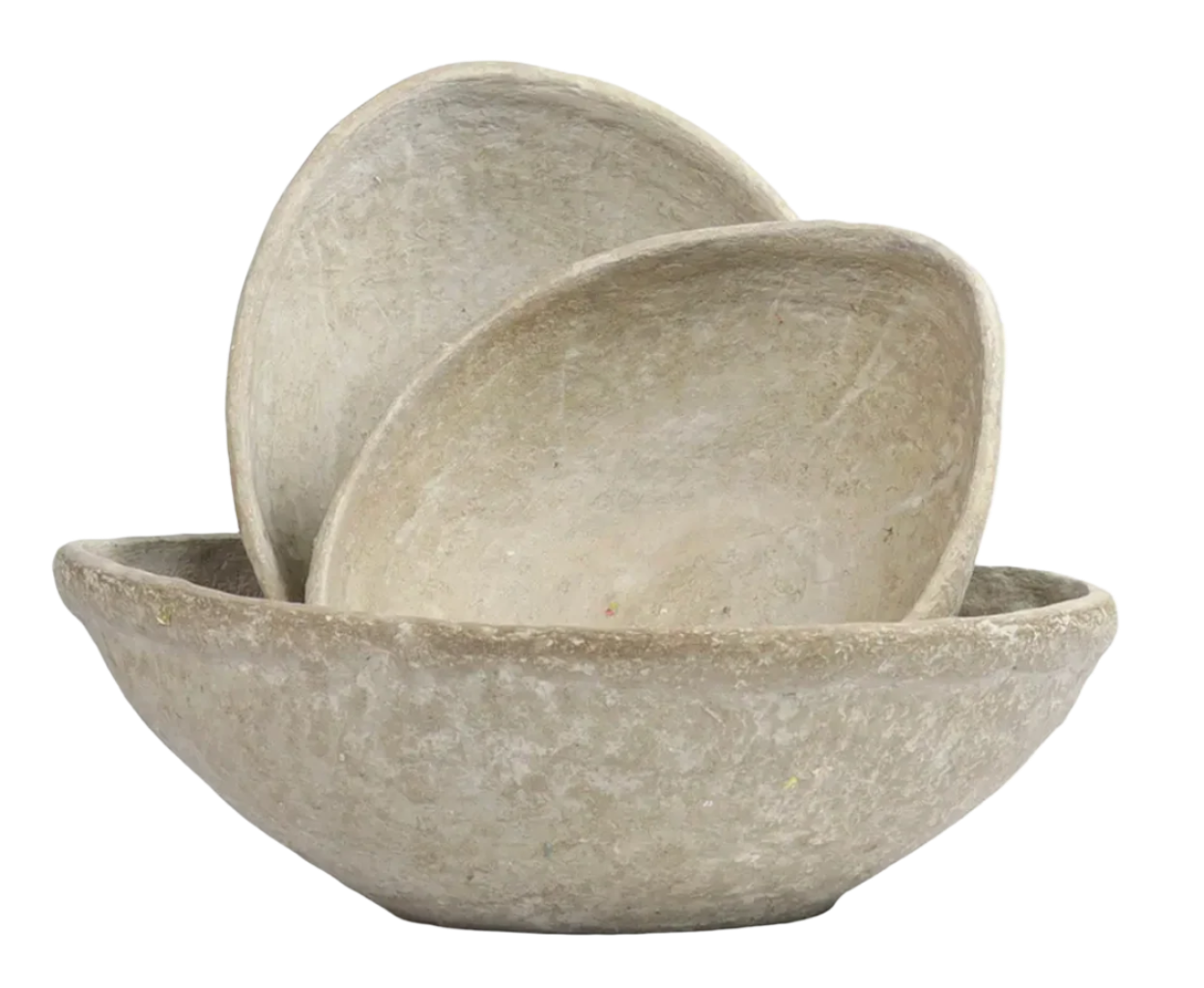 Vintage handmade paper mache bowl with organic texture and neutral tones, styled as a rustic boho decorative centerpiece.
