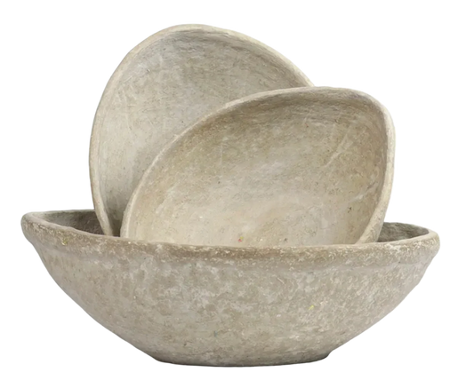 Vintage handmade paper mache bowl with organic texture and neutral tones, styled as a rustic boho decorative centerpiece.