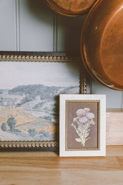 Lilac Dahlia on Brown Framed Antique Art: 7x9