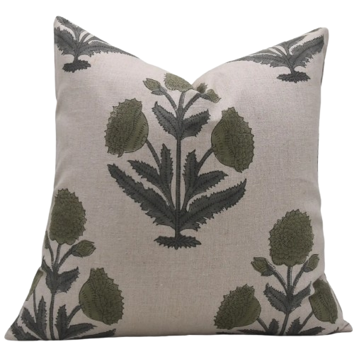 Bohemian Block Printed Pure Linen Pillow Cover - Badshah Green