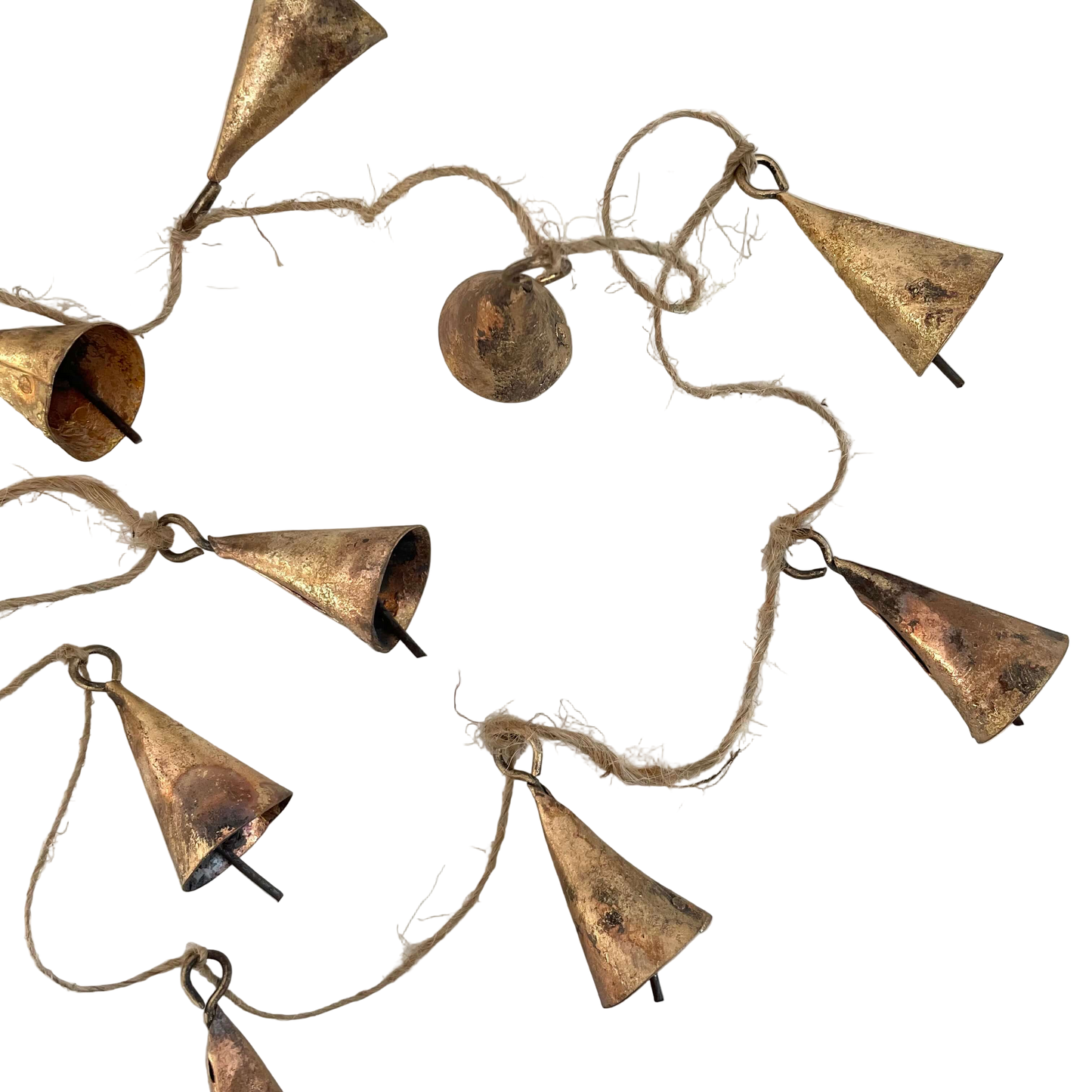 Rustic tin cone shaped brass bell jute holiday garland