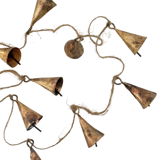 Rustic tin cone shaped brass bell jute holiday garland