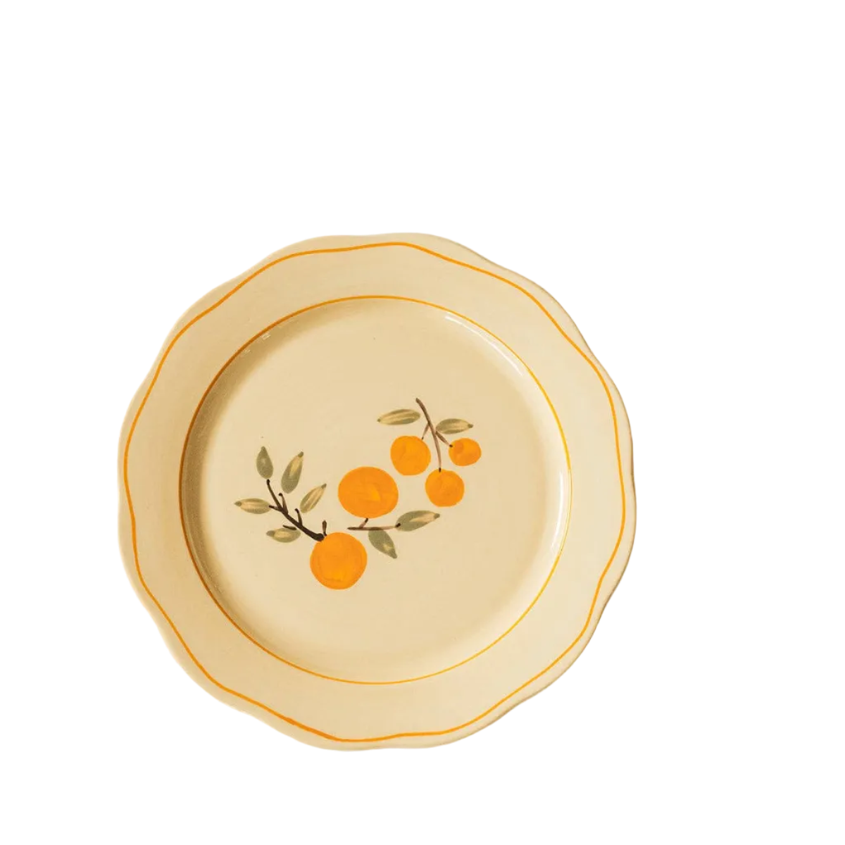 ivory ceramic dinner plate with citrus and orange trim detail