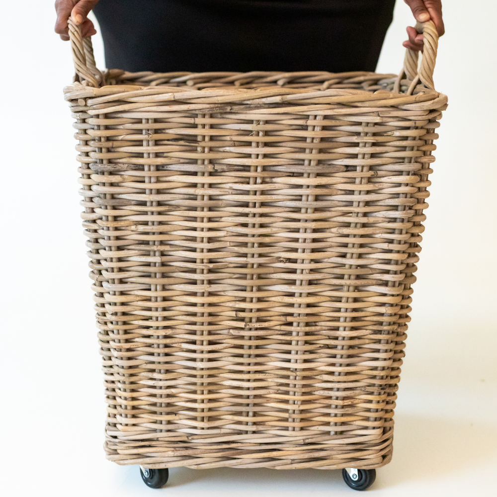 Rattan Square Storage Basket on Wheels: Large