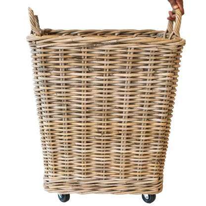 Rattan Square Storage Basket on Wheels: Large