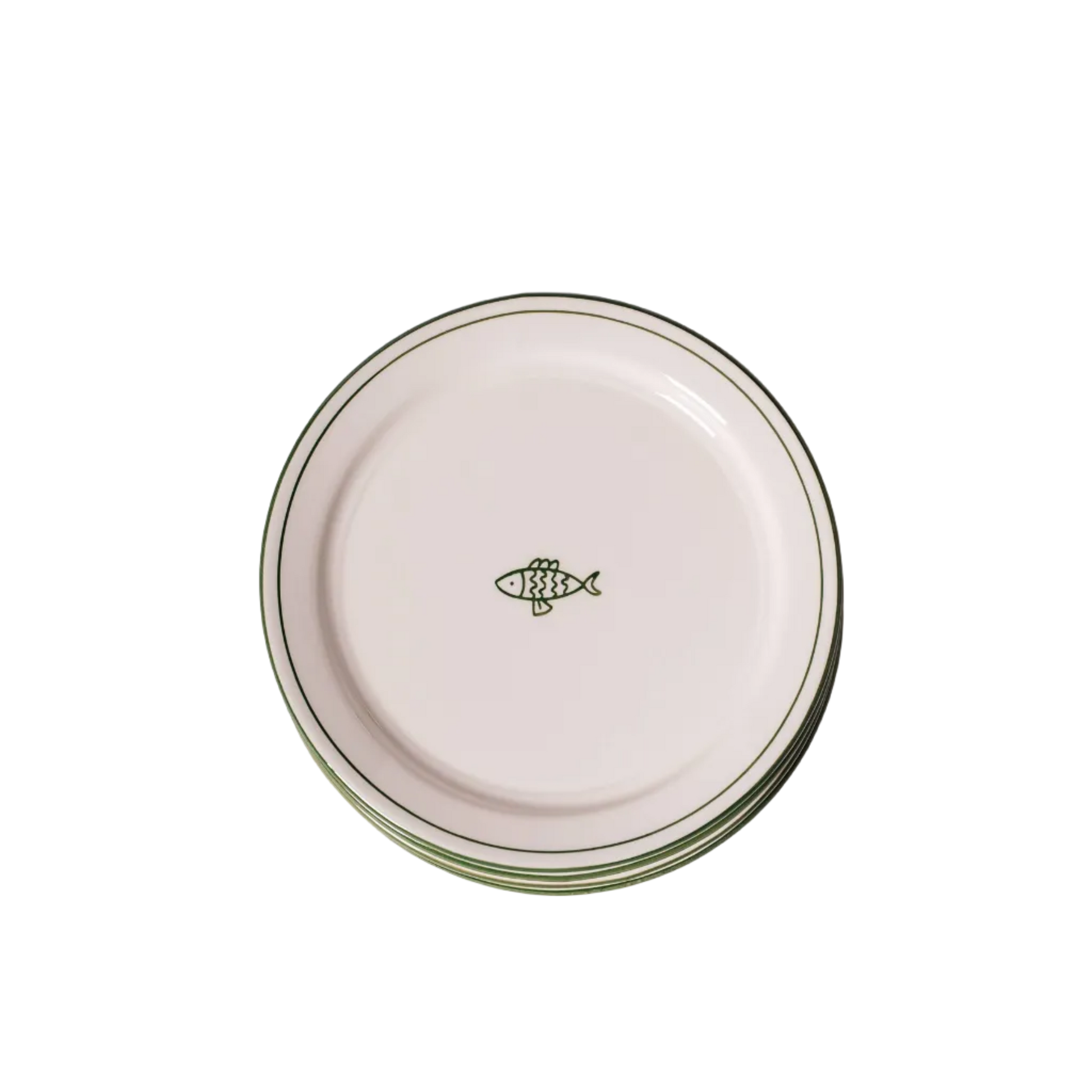 white ceramic dessert plate with green fish and trim detail