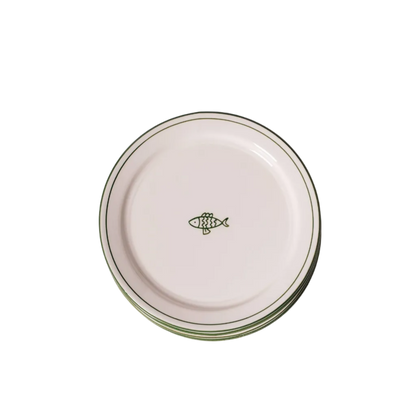 white ceramic dessert plate with green fish and trim detail