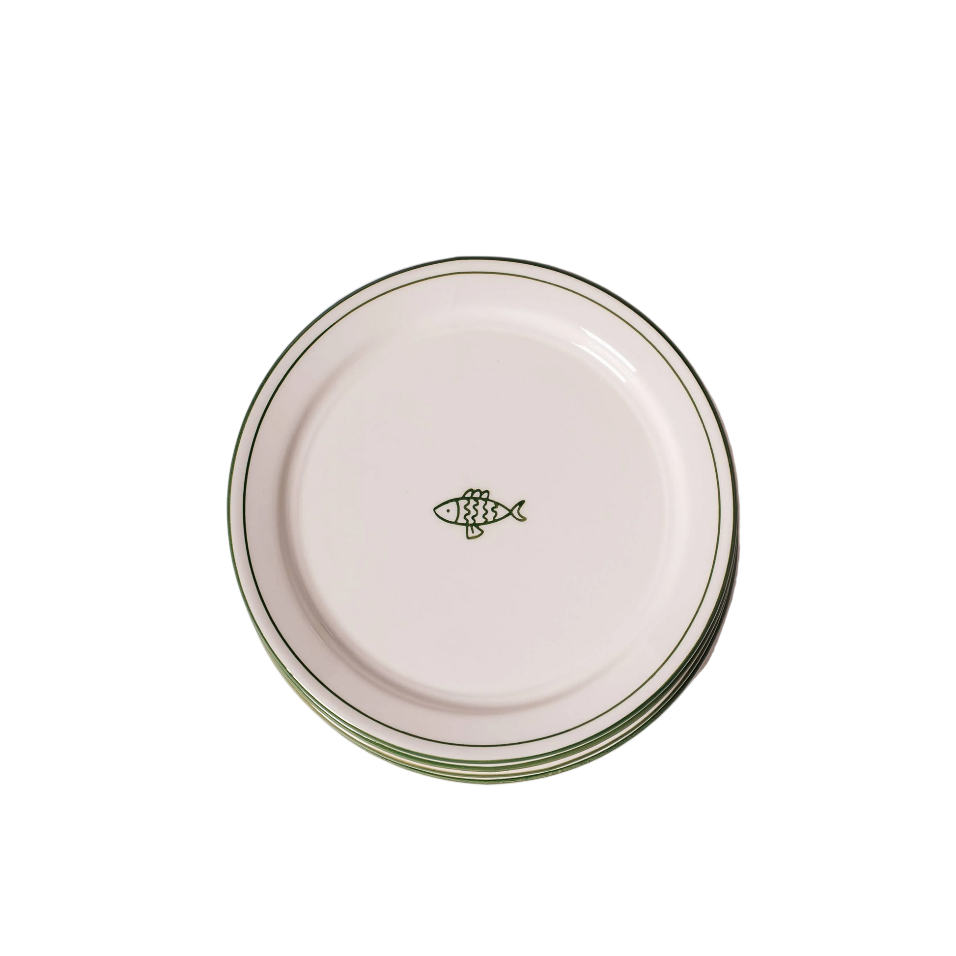 white ceramic dessert plate with green fish and trim detail 