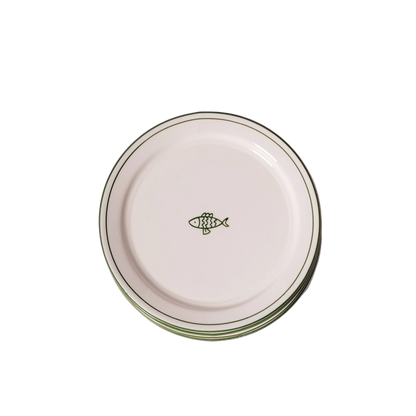 white ceramic dessert plate with green fish and trim detail 