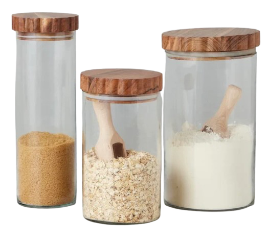 Glass Canister, Scalloped Wood Top, Set of 3
