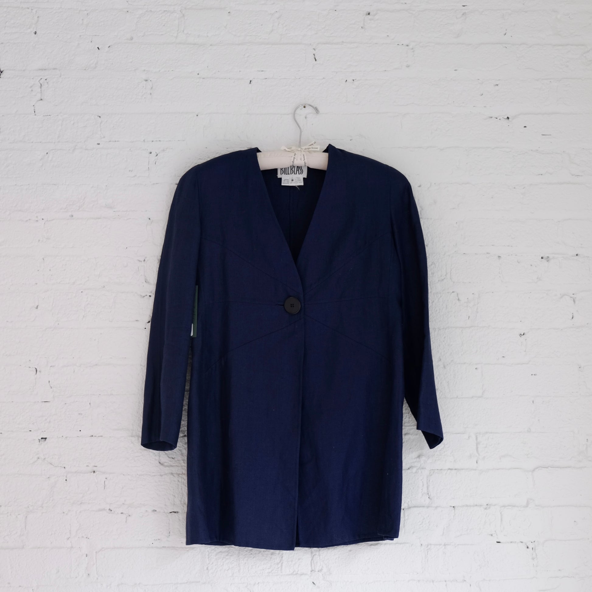 late 1980s bill blass navy linen jacket with single button closure