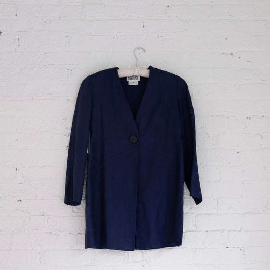 late 1980s bill blass navy linen jacket with single button closure