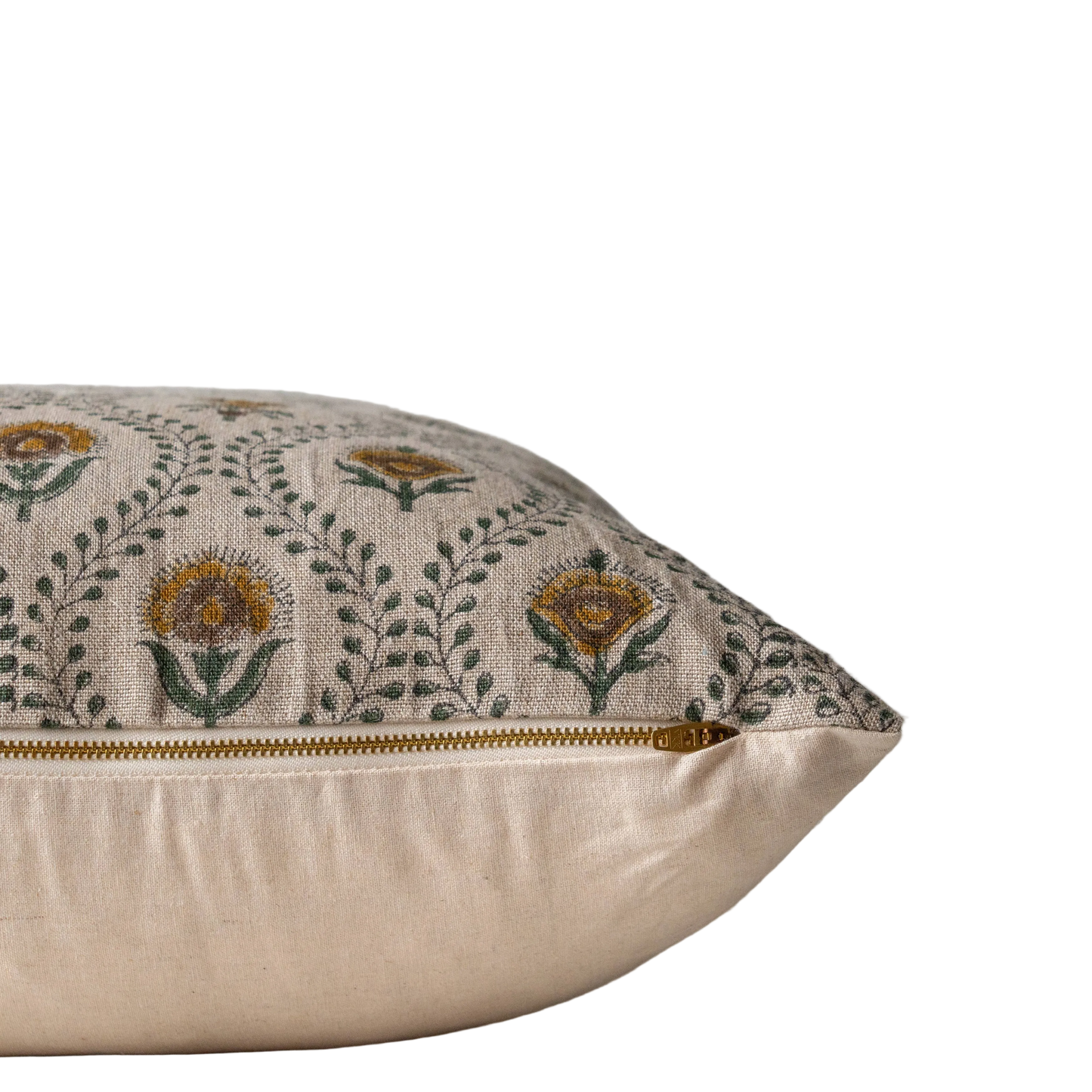 side view of yellow floral block printed pillow