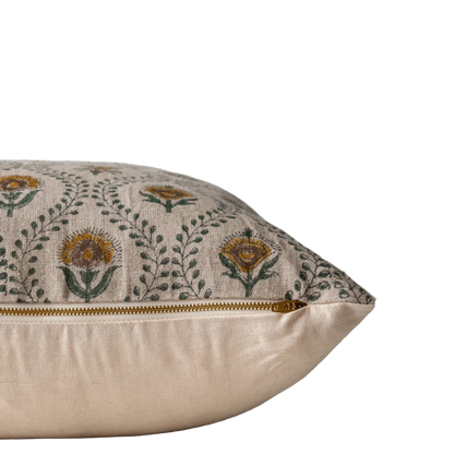 side view of yellow floral block printed pillow