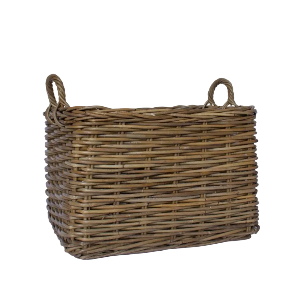 A rectangular brown woven wicker basket with two rope handles, photographed on a clean white background.
