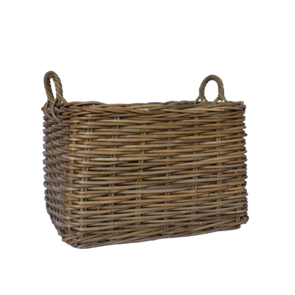 A rectangular brown woven wicker basket with two rope handles, photographed on a clean white background.