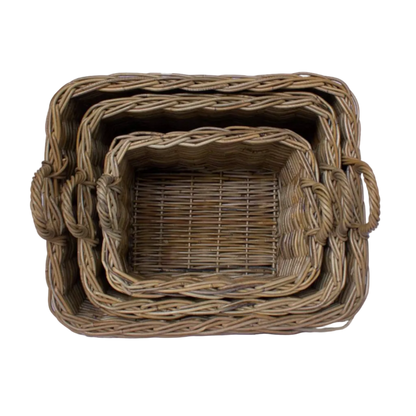 Three nested rectangular wicker baskets with side handles, shown from a top-down view on a plain white background.