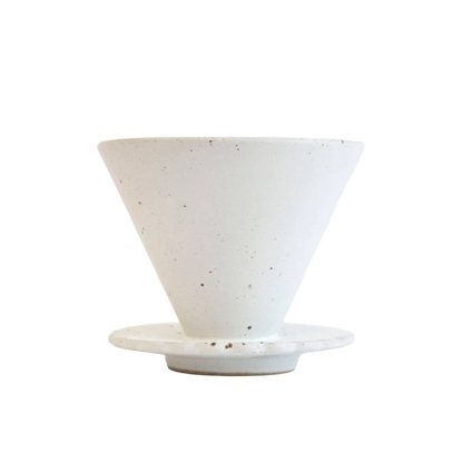 white ceramic pour over coffee dripper with brown speckles 